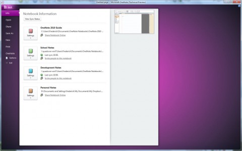 OneNote 2010 Backstage OneNote's Backstage area is a beautiful purple