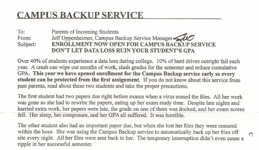 Campus Backup Service letter Campus Backup Service marketing letter