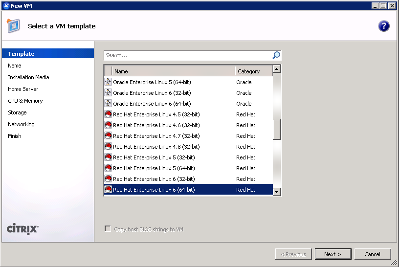XenCenter add VM wizard - RHEL 6 template