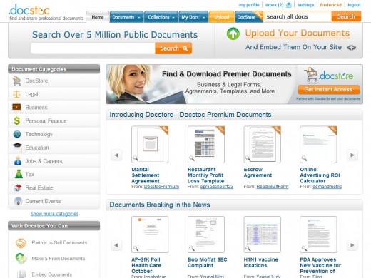 Docstoc's clean and professional home page