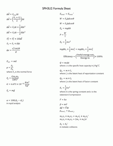 SPH3U2 Formula Sheet SPH3U2 Formula Sheet