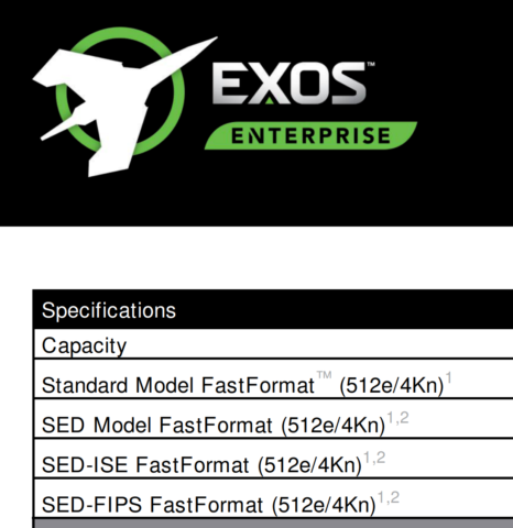 Exos spec sheet screenshot showing FastFormat (512e/4Kn)