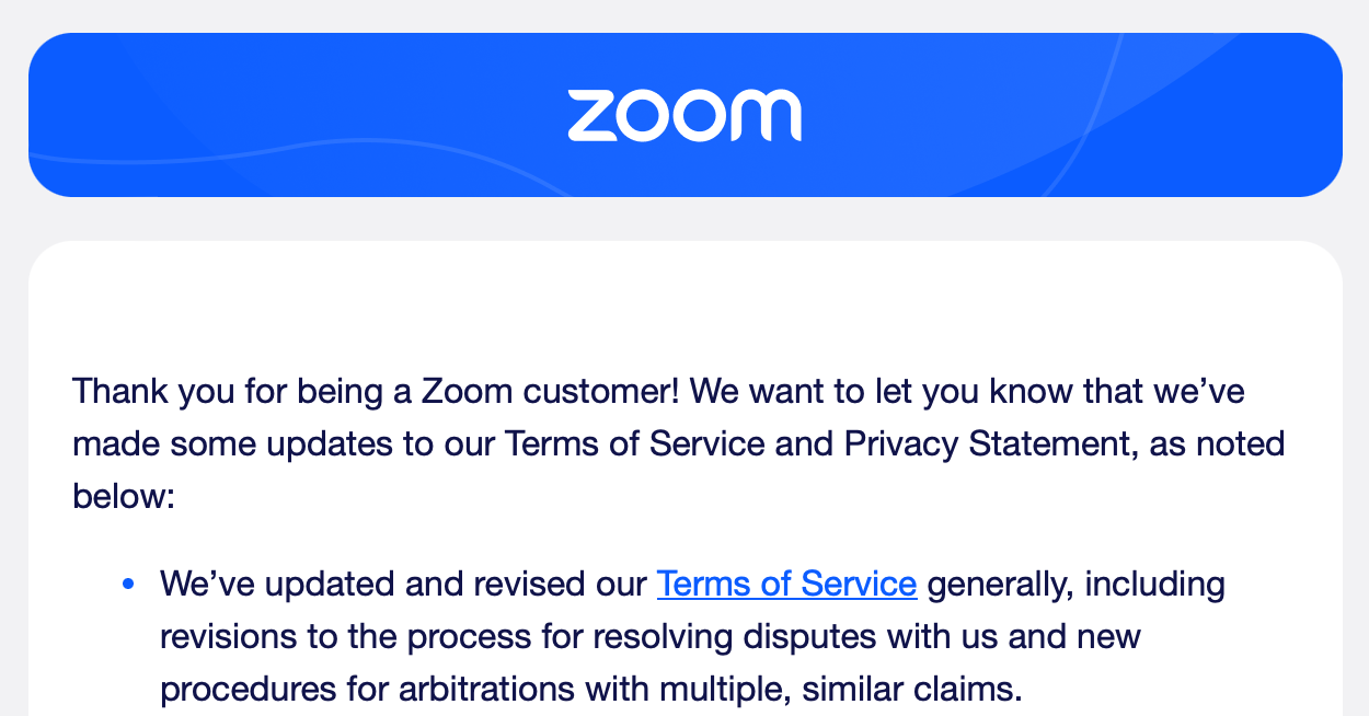 Zoom April 1, 2023 email to customers about Terms of Service